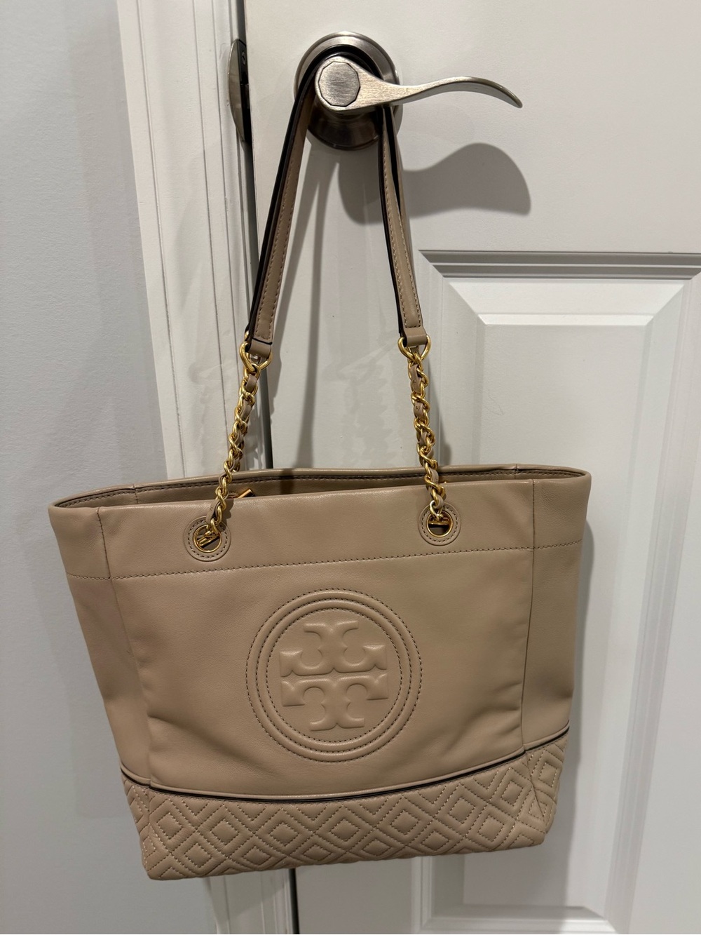 Tory Burch Fleming Light Taupe Leather Tote Bag